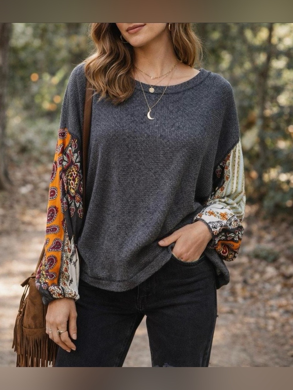 We The Free Gray Knit Top with Multicolor Patchwork Balloon Sleeves